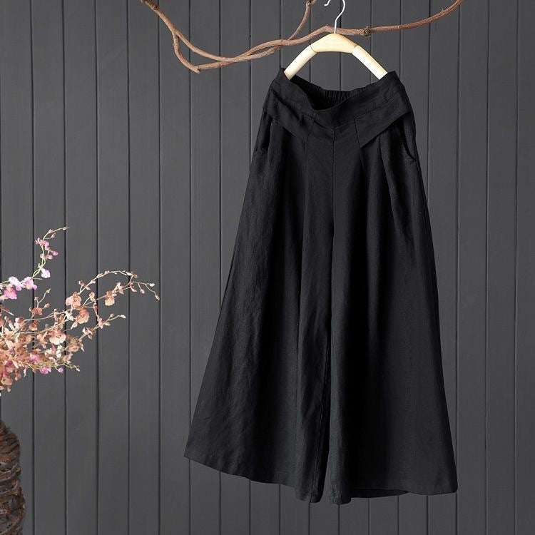 Cotton And Linen Casual Pants Retro Plus Size Wide Legs Cropped Pants For Women