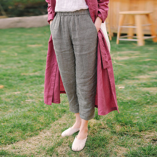 Linen Casual Pants Cotton Linen Pants Loose Plaid