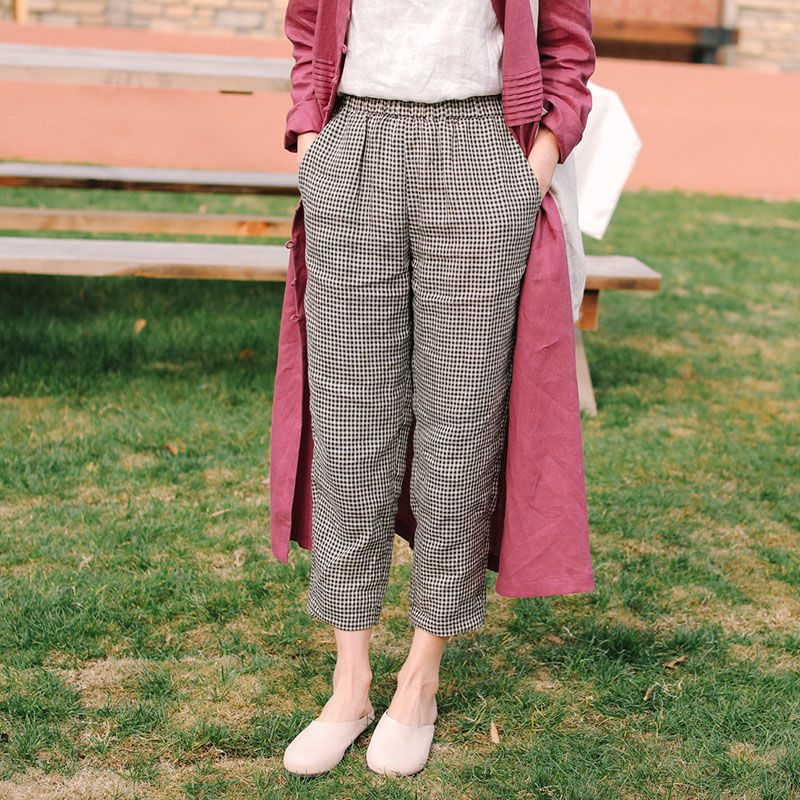 Linen Casual Pants Cotton Linen Pants Loose Plaid