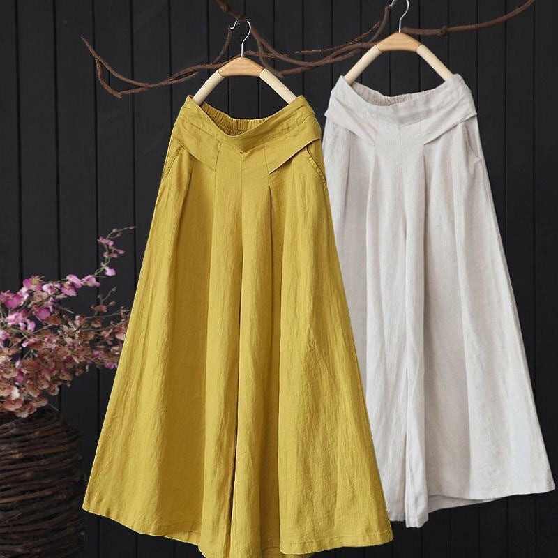 Cotton And Linen Casual Pants Retro Plus Size Wide Legs Cropped Pants For Women