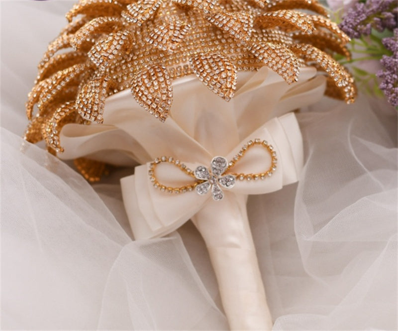 Handmade Rhinestone Gold Handheld Flower Bridal Wedding Bouquet